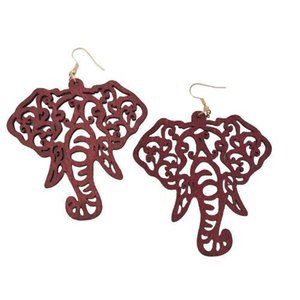 Large Maroon Burgundy Wooden Elephant Earrings~Roll Tide Earrings